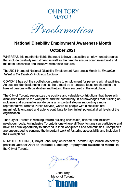 A document image. A Toronto Mayoral Proclamation of National Disability Employment Awareness Month in the City of Toronto.