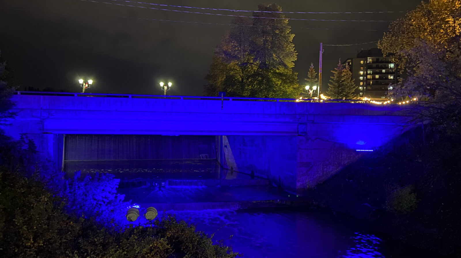 The Fred A. Lundy Bridge in Newmarket, Ontario glows blue from the light of blue spotlights at the creek edge in the foreground.