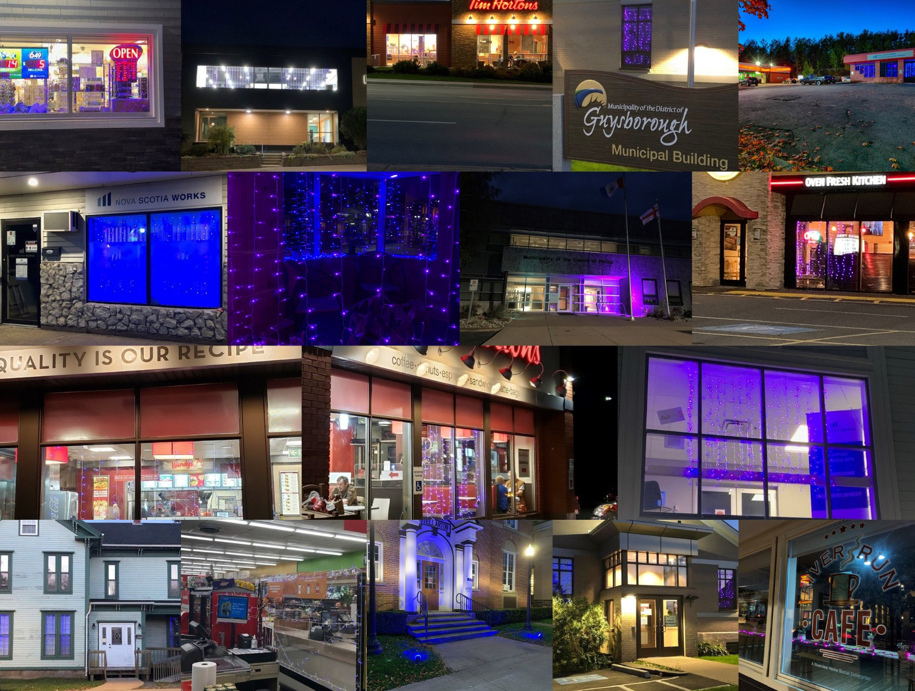 A busy collage image of 16 local businesses in Guysborough, Nova Scotia. Businesses have their windows lit purple and blue.
