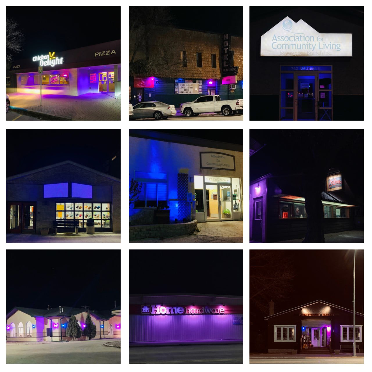 A collage of nine images of local businesses in Beauséjour, Manitoba that were lit purple and blue for Light It Up! For NDEAM 2021.