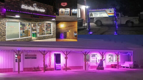 A four-image collage of local businesses in Porcupine Plain, Saskatchewan, that participated in Light It Up! For NDEAM.