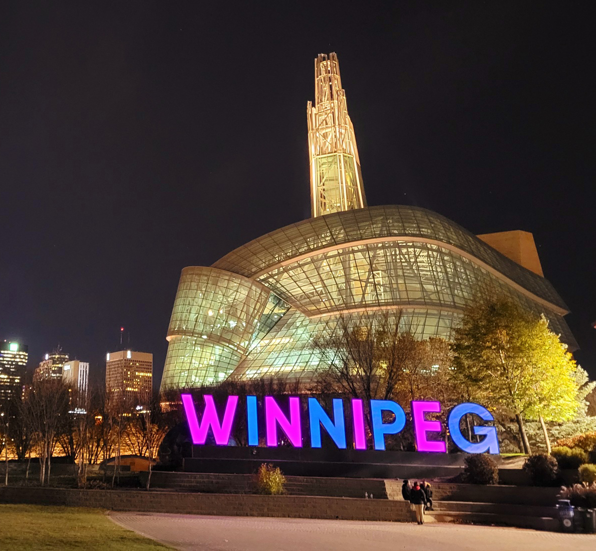 The Winnipeg sign at City Hall in Winnipeg was lit purple and blue