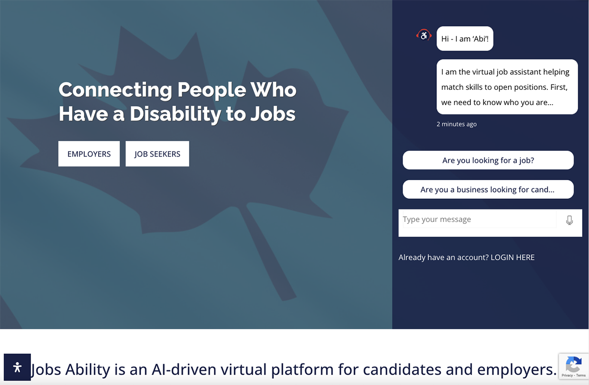 Screenshot of the Jobs Ability Canada home page.