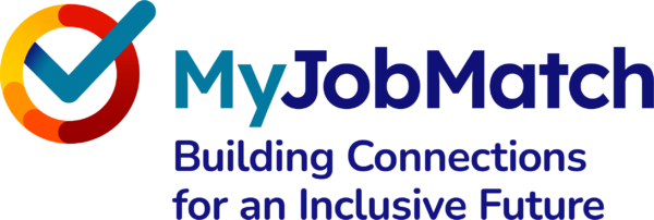 Circle with checkmark inside with Blue text - MyJobMatch Building Connections for an Inclusive Future on right of image.