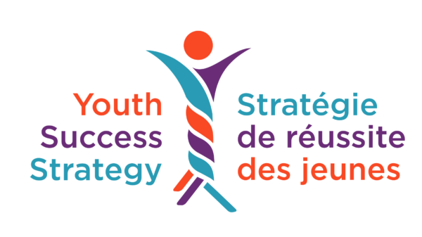 Youth Success Strategy writing on left in orange, blue and purple text. Symbol of a person in middle. Strategie de réussite des jeunes text on right.