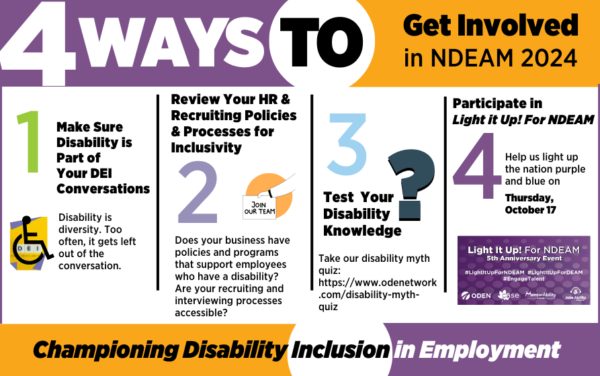 The image is a colorful infographic titled "4 Ways to Get Involved in NDEAM 2024," with NDEAM referring to National Disability Employment Awareness Month. The graphic is divided into four numbered sections, each suggesting a way to engage: Make Sure Disability is Part of Your DEI Conversations - This section includes an icon of a wheelchair and text emphasizing that disability is diversity and often excluded from discussions. Review Your HR & Recruiting Policies & Processes for Inclusivity - This part encourages businesses to ensure their policies and hiring practices support employees with disabilities. It includes an icon of a handshake with the text "Join Our Team." Test Your Disability Knowledge - This section invites readers to take a disability myth quiz, with a link provided. Participate in Light It Up! For NDEAM - It promotes an event on Thursday, October 17, encouraging participation in lighting up the nation in purple and blue for Light It Up! For NDEAM's 5th anniversary. A small banner shows details about the event. At the bottom, a yellow and black banner reads, "Championing Disability Inclusion in Employment."